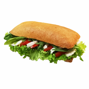 Ciabatta-Sandwiches belegt mit Tomate-Mozzarella, Rucolasalat, Balsamicodressing und Lollo Bionda Salat